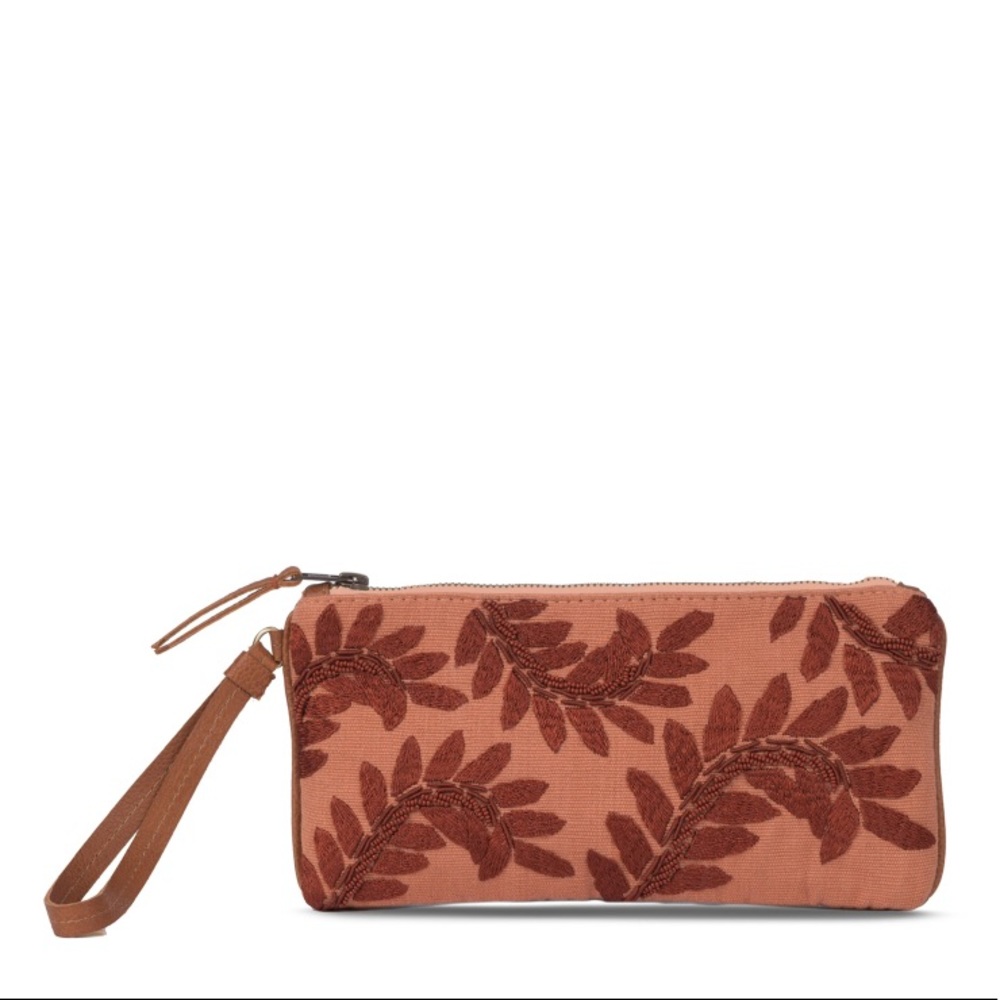 Hand embroidered wristlet clutch